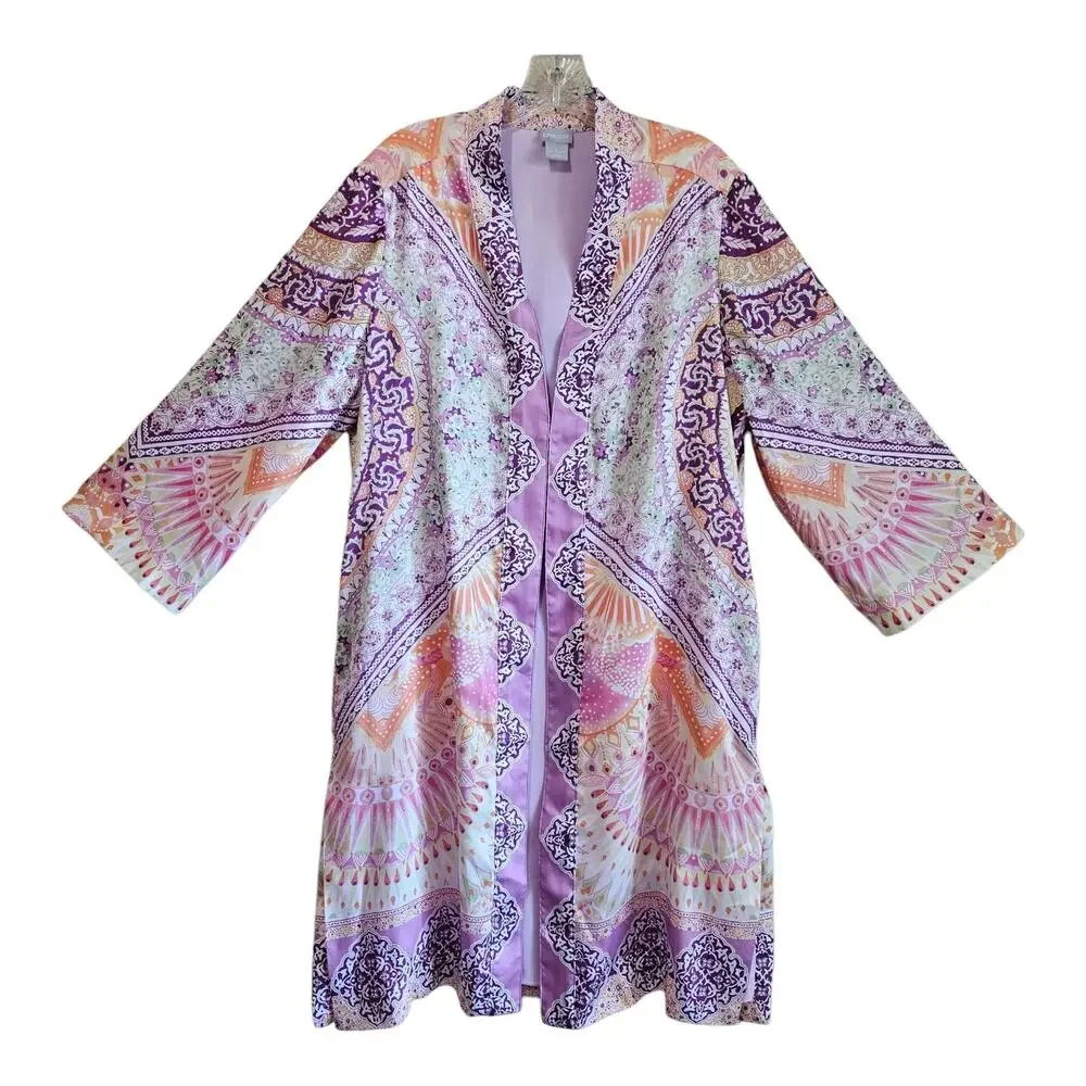 CHICO'S Women's 12 14 Coastal Tile Duster Jacket Satin Open Long 3/4 Sleeve